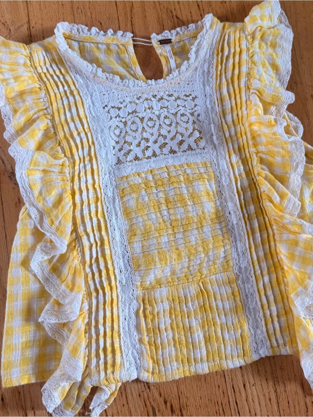 Free People Yellow and White Lace-Trim Peasant Blouse like new size small